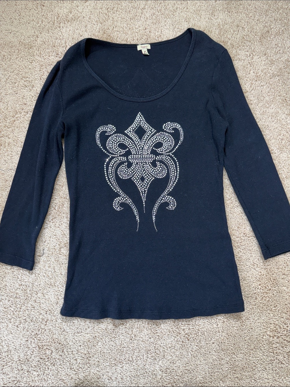 Reba Black Long Sleeve Scoop Neck Top with Rhinestone Motif EUC Medium